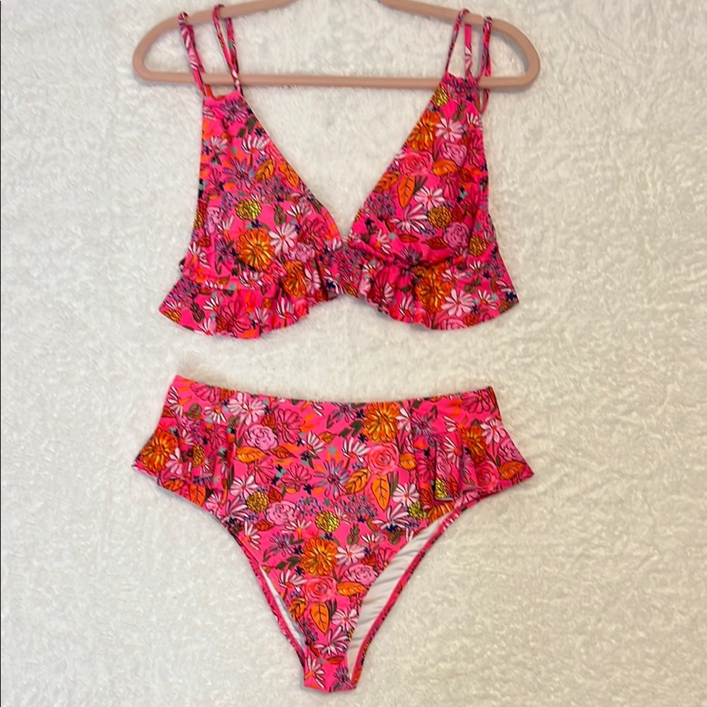 Floral Pink Ruffled High-Waist Bikini Set